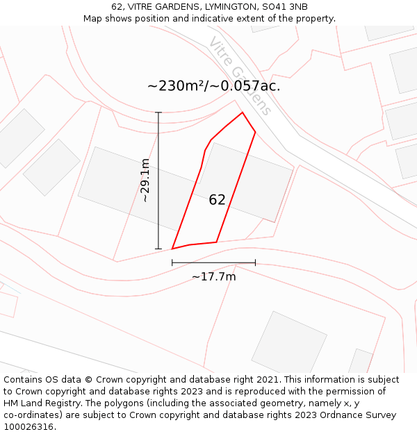 62, VITRE GARDENS, LYMINGTON, SO41 3NB: Plot and title map