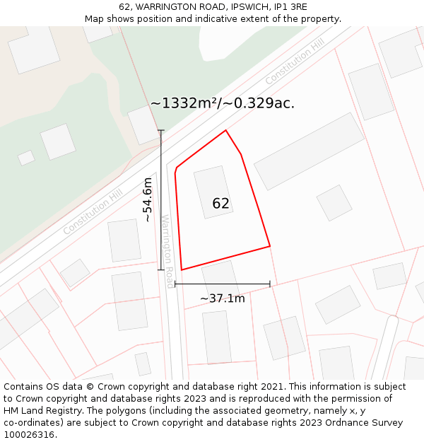62, WARRINGTON ROAD, IPSWICH, IP1 3RE: Plot and title map