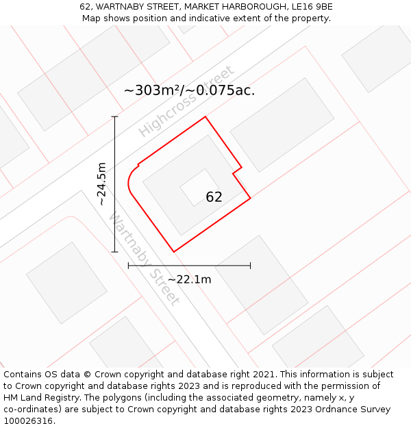 62, WARTNABY STREET, MARKET HARBOROUGH, LE16 9BE: Plot and title map