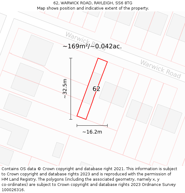 62, WARWICK ROAD, RAYLEIGH, SS6 8TG: Plot and title map