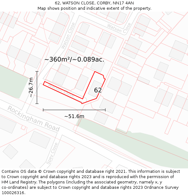 62, WATSON CLOSE, CORBY, NN17 4AN: Plot and title map