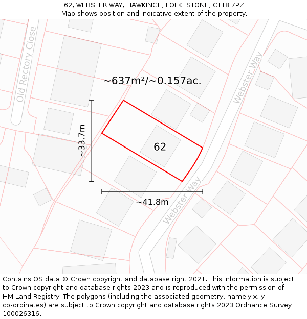62, WEBSTER WAY, HAWKINGE, FOLKESTONE, CT18 7PZ: Plot and title map