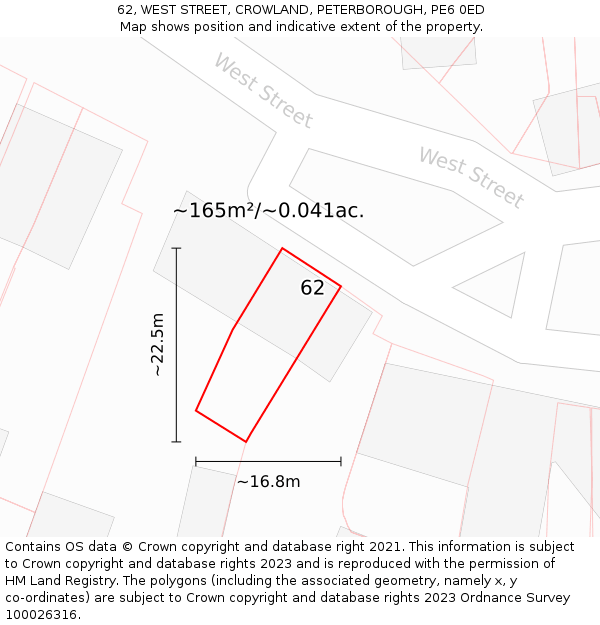 62, WEST STREET, CROWLAND, PETERBOROUGH, PE6 0ED: Plot and title map