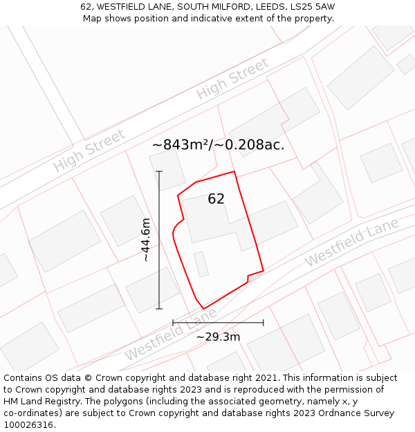 62, WESTFIELD LANE, SOUTH MILFORD, LEEDS, LS25 5AW: Plot and title map