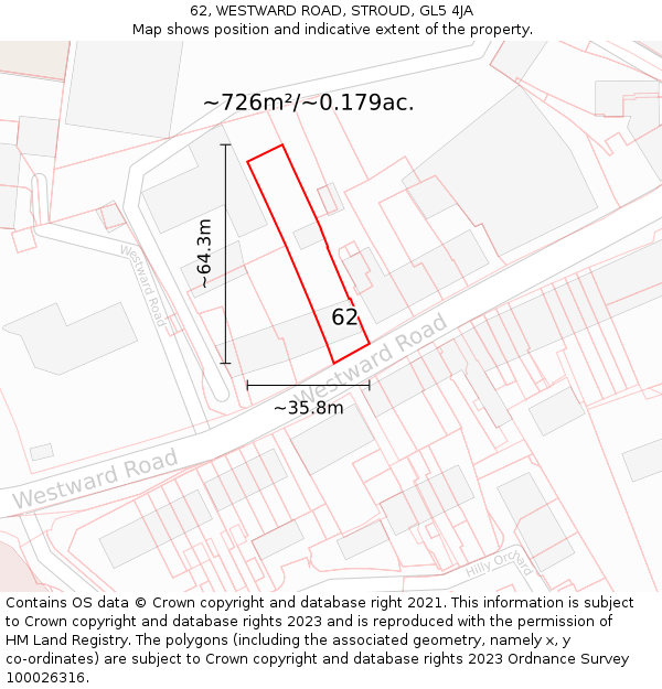 62, WESTWARD ROAD, STROUD, GL5 4JA: Plot and title map