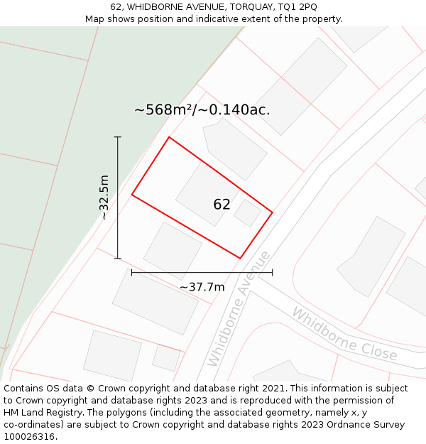 62, WHIDBORNE AVENUE, TORQUAY, TQ1 2PQ: Plot and title map