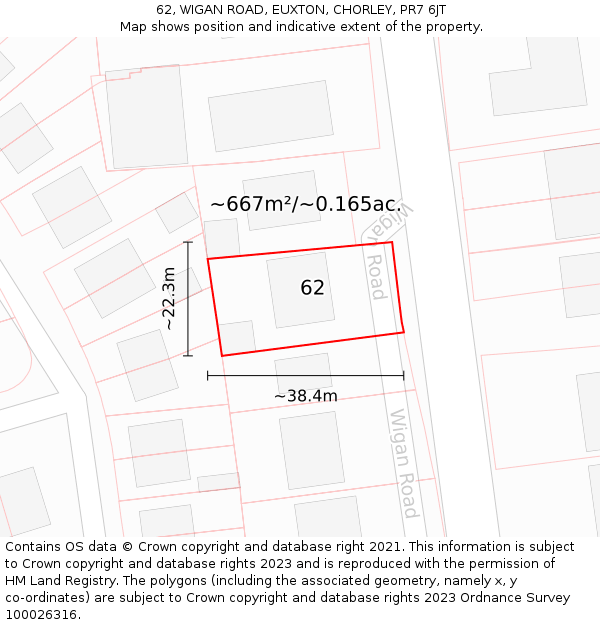 62, WIGAN ROAD, EUXTON, CHORLEY, PR7 6JT: Plot and title map