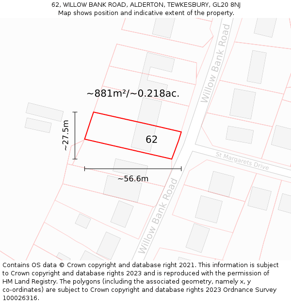 62, WILLOW BANK ROAD, ALDERTON, TEWKESBURY, GL20 8NJ: Plot and title map