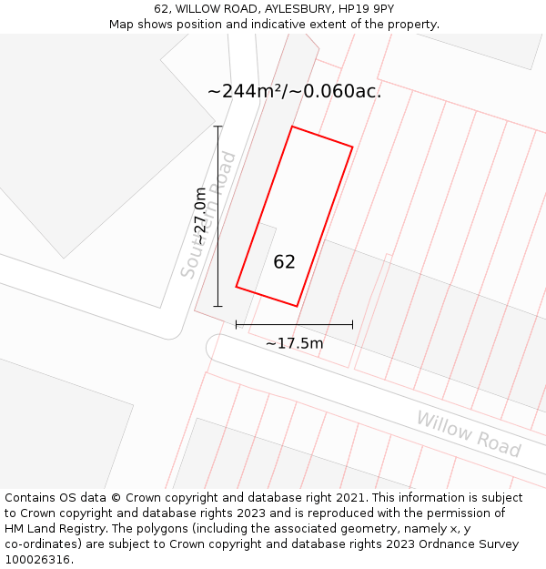 62, WILLOW ROAD, AYLESBURY, HP19 9PY: Plot and title map