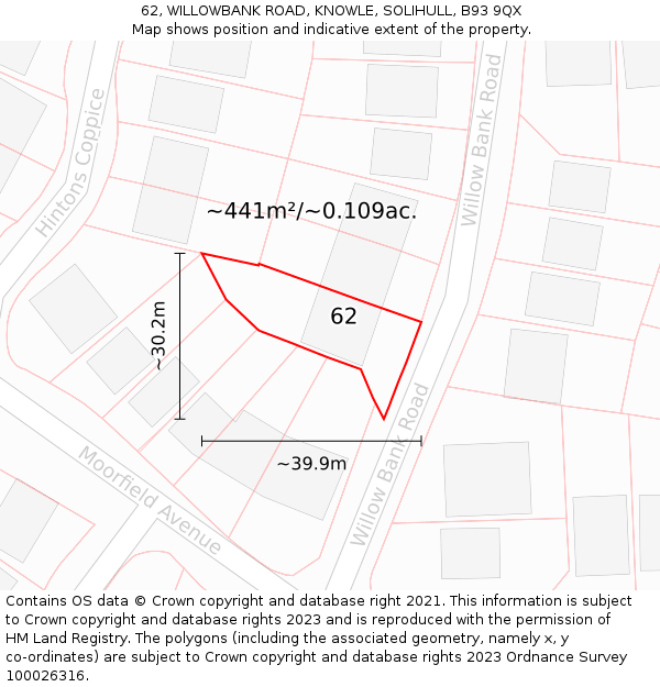 62, WILLOWBANK ROAD, KNOWLE, SOLIHULL, B93 9QX: Plot and title map