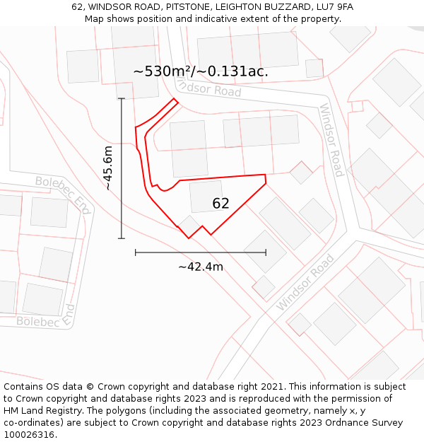 62, WINDSOR ROAD, PITSTONE, LEIGHTON BUZZARD, LU7 9FA: Plot and title map