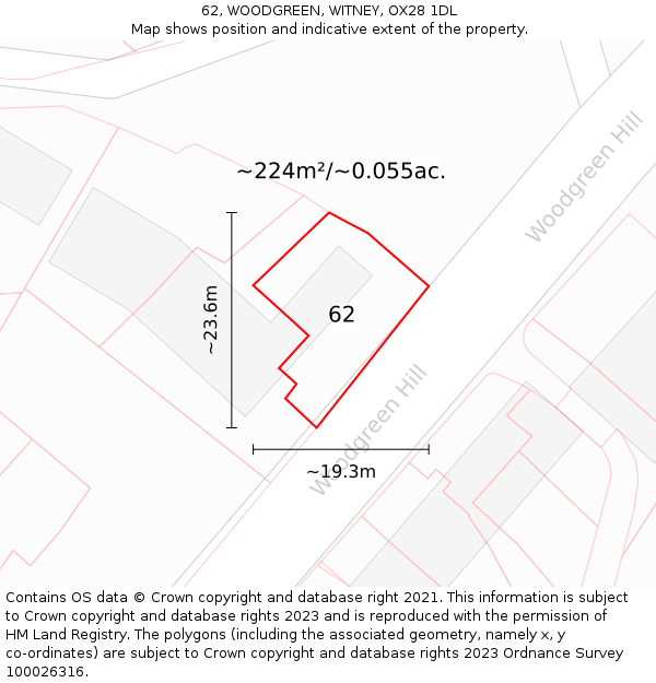 62, WOODGREEN, WITNEY, OX28 1DL: Plot and title map