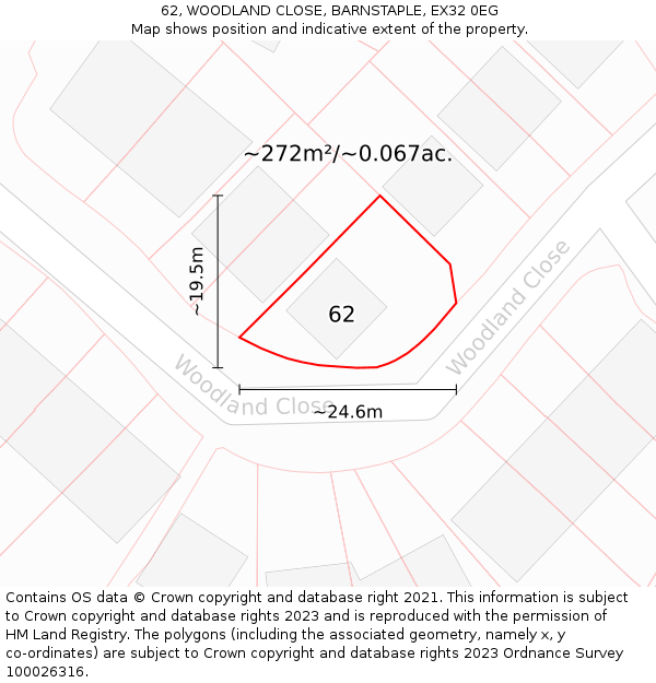 62, WOODLAND CLOSE, BARNSTAPLE, EX32 0EG: Plot and title map
