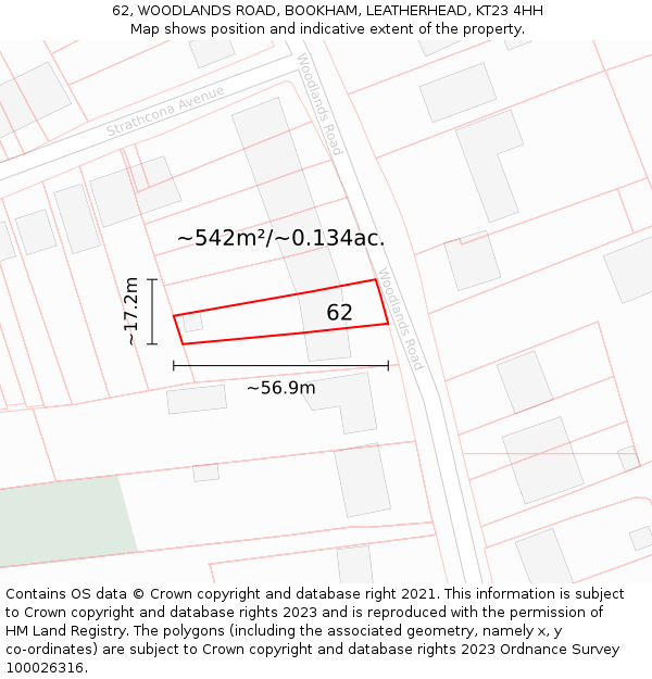 62, WOODLANDS ROAD, BOOKHAM, LEATHERHEAD, KT23 4HH: Plot and title map