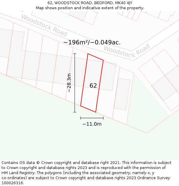 62, WOODSTOCK ROAD, BEDFORD, MK40 4JY: Plot and title map
