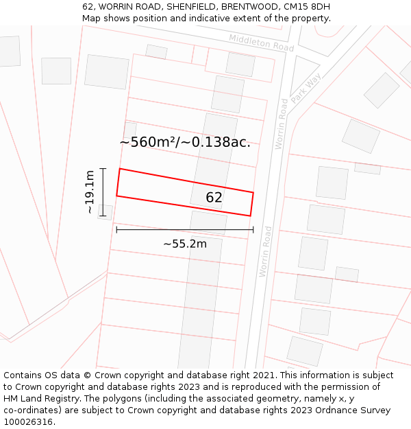 62, WORRIN ROAD, SHENFIELD, BRENTWOOD, CM15 8DH: Plot and title map