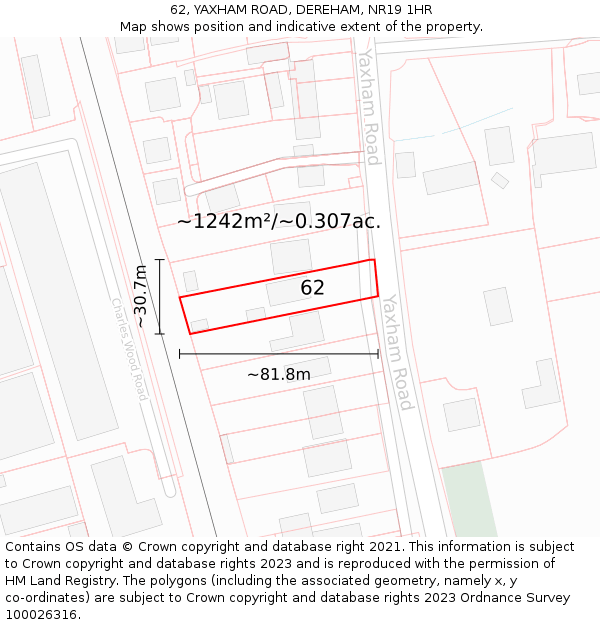 62, YAXHAM ROAD, DEREHAM, NR19 1HR: Plot and title map