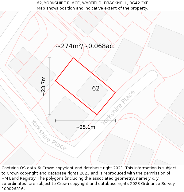 62, YORKSHIRE PLACE, WARFIELD, BRACKNELL, RG42 3XF: Plot and title map