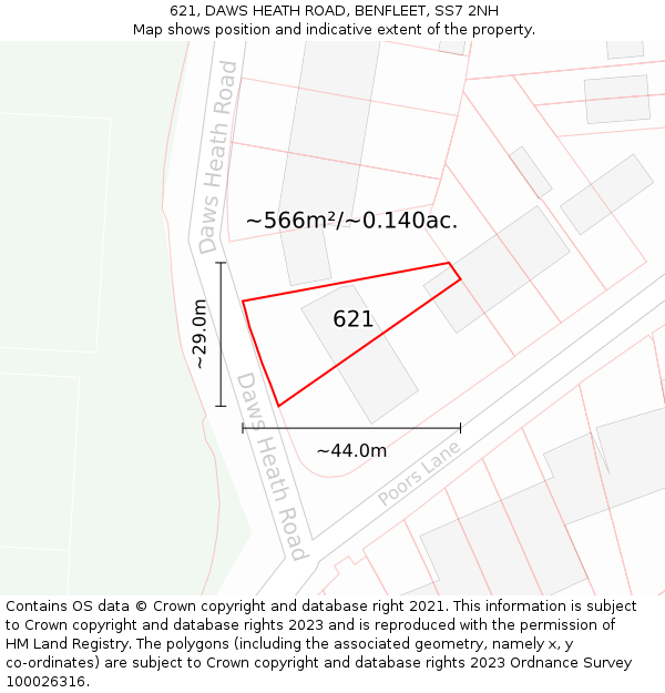 621, DAWS HEATH ROAD, BENFLEET, SS7 2NH: Plot and title map