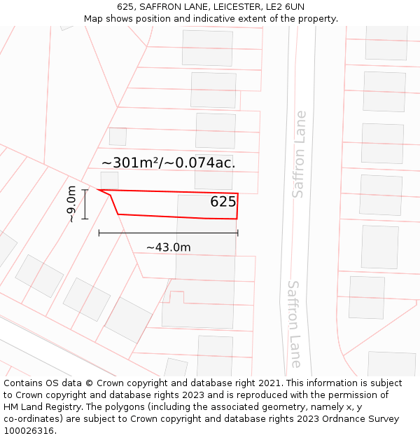 625, SAFFRON LANE, LEICESTER, LE2 6UN: Plot and title map