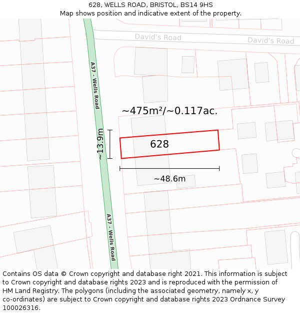 628, WELLS ROAD, BRISTOL, BS14 9HS: Plot and title map
