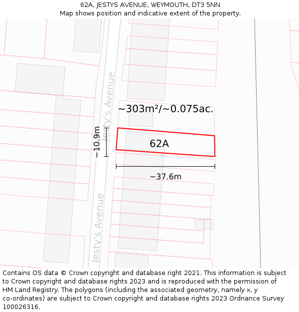 62A, JESTYS AVENUE, WEYMOUTH, DT3 5NN: Plot and title map