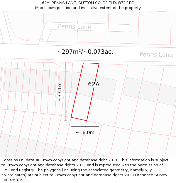 62A, PENNS LANE, SUTTON COLDFIELD, B72 1BD: Plot and title map