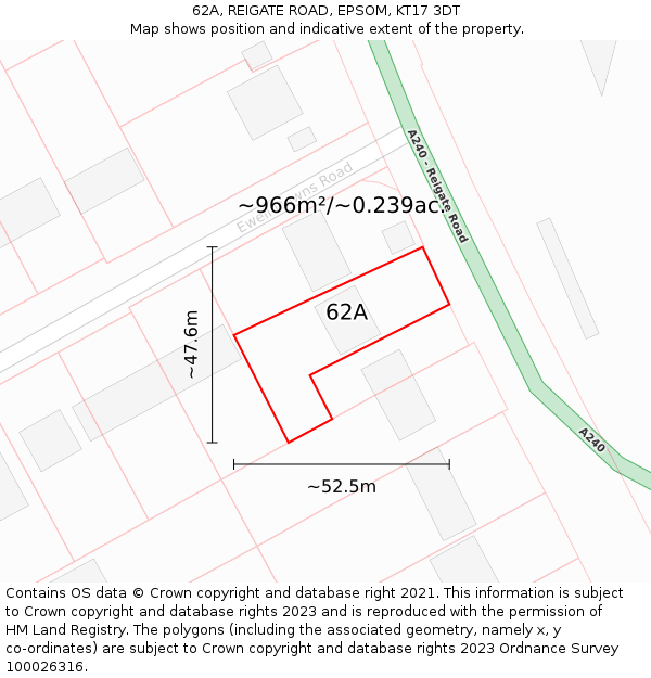 62A, REIGATE ROAD, EPSOM, KT17 3DT: Plot and title map