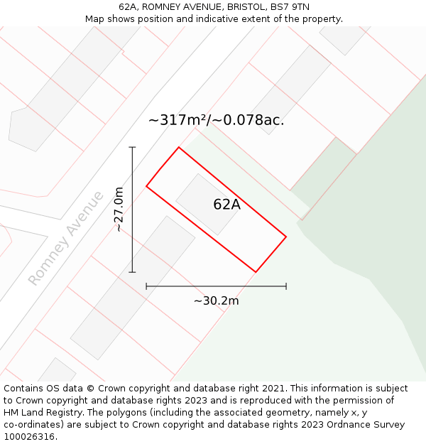 62A, ROMNEY AVENUE, BRISTOL, BS7 9TN: Plot and title map