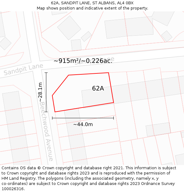 62A, SANDPIT LANE, ST ALBANS, AL4 0BX: Plot and title map