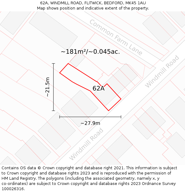 62A, WINDMILL ROAD, FLITWICK, BEDFORD, MK45 1AU: Plot and title map