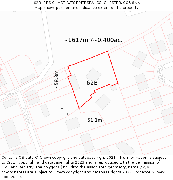 62B, FIRS CHASE, WEST MERSEA, COLCHESTER, CO5 8NN: Plot and title map