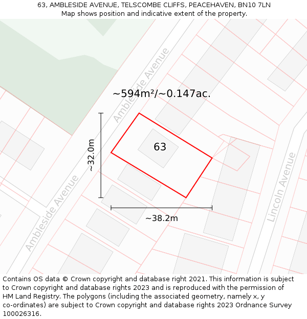 63, AMBLESIDE AVENUE, TELSCOMBE CLIFFS, PEACEHAVEN, BN10 7LN: Plot and title map
