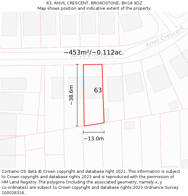 63, ANVIL CRESCENT, BROADSTONE, BH18 9DZ: Plot and title map