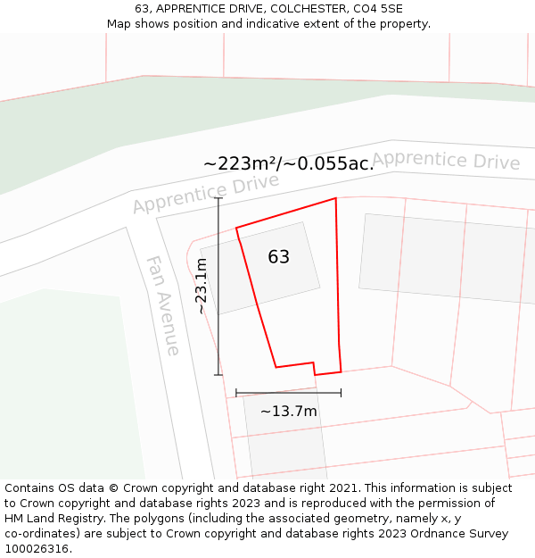 63, APPRENTICE DRIVE, COLCHESTER, CO4 5SE: Plot and title map