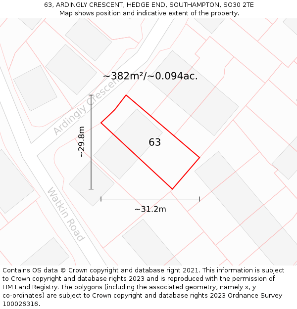 63, ARDINGLY CRESCENT, HEDGE END, SOUTHAMPTON, SO30 2TE: Plot and title map