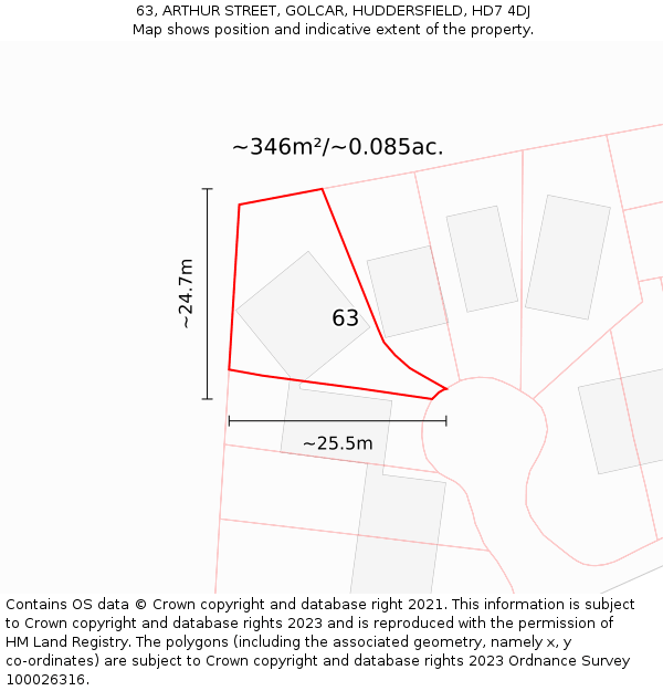 63, ARTHUR STREET, GOLCAR, HUDDERSFIELD, HD7 4DJ: Plot and title map