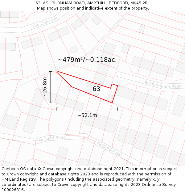 63, ASHBURNHAM ROAD, AMPTHILL, BEDFORD, MK45 2RH: Plot and title map
