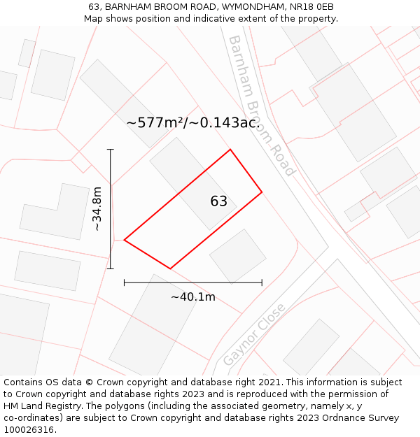 63, BARNHAM BROOM ROAD, WYMONDHAM, NR18 0EB: Plot and title map