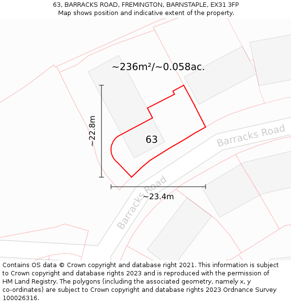 63, BARRACKS ROAD, FREMINGTON, BARNSTAPLE, EX31 3FP: Plot and title map