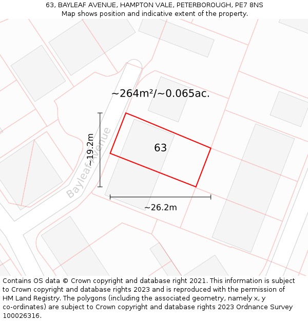 63, BAYLEAF AVENUE, HAMPTON VALE, PETERBOROUGH, PE7 8NS: Plot and title map