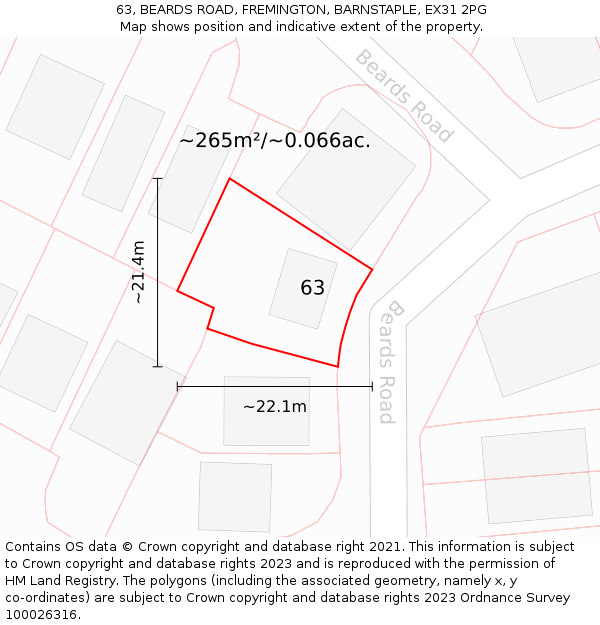 63, BEARDS ROAD, FREMINGTON, BARNSTAPLE, EX31 2PG: Plot and title map