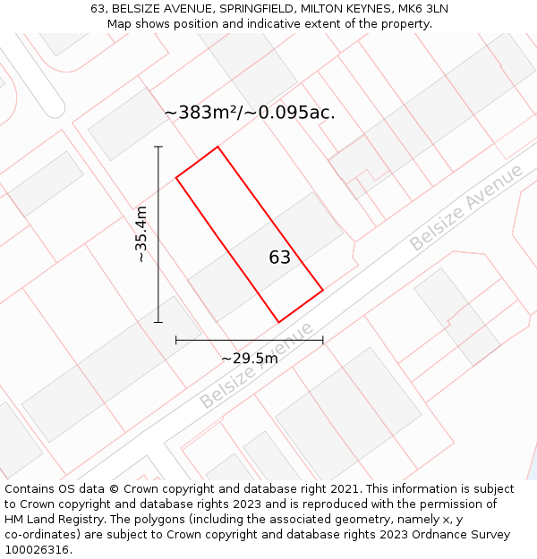 63, BELSIZE AVENUE, SPRINGFIELD, MILTON KEYNES, MK6 3LN: Plot and title map