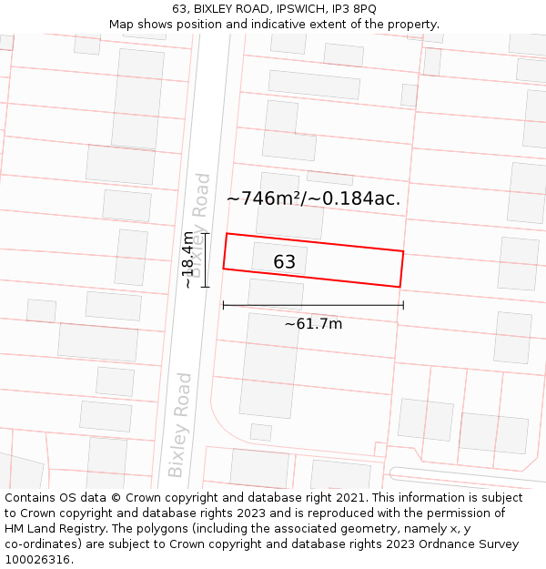63, BIXLEY ROAD, IPSWICH, IP3 8PQ: Plot and title map