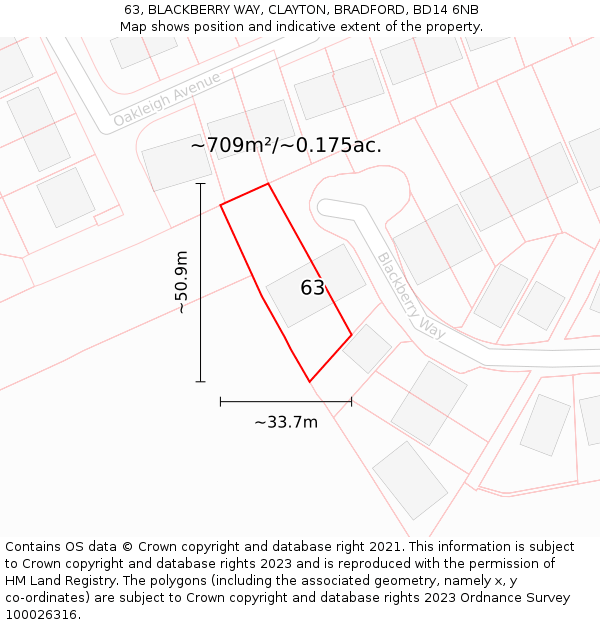 63, BLACKBERRY WAY, CLAYTON, BRADFORD, BD14 6NB: Plot and title map