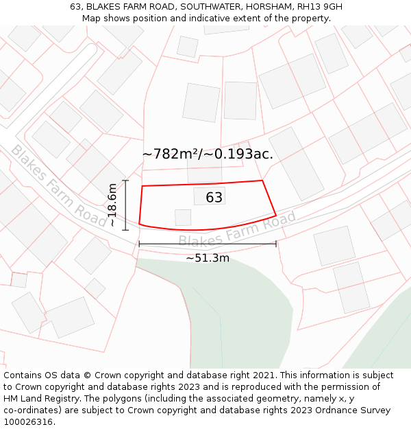 63, BLAKES FARM ROAD, SOUTHWATER, HORSHAM, RH13 9GH: Plot and title map