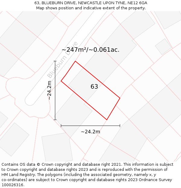 63, BLUEBURN DRIVE, NEWCASTLE UPON TYNE, NE12 6GA: Plot and title map
