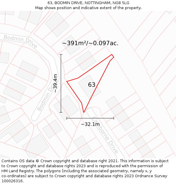 63, BODMIN DRIVE, NOTTINGHAM, NG8 5LG: Plot and title map