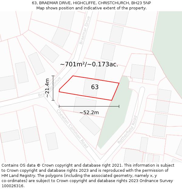 63, BRAEMAR DRIVE, HIGHCLIFFE, CHRISTCHURCH, BH23 5NP: Plot and title map