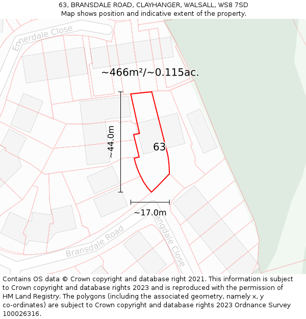 63, BRANSDALE ROAD, CLAYHANGER, WALSALL, WS8 7SD: Plot and title map